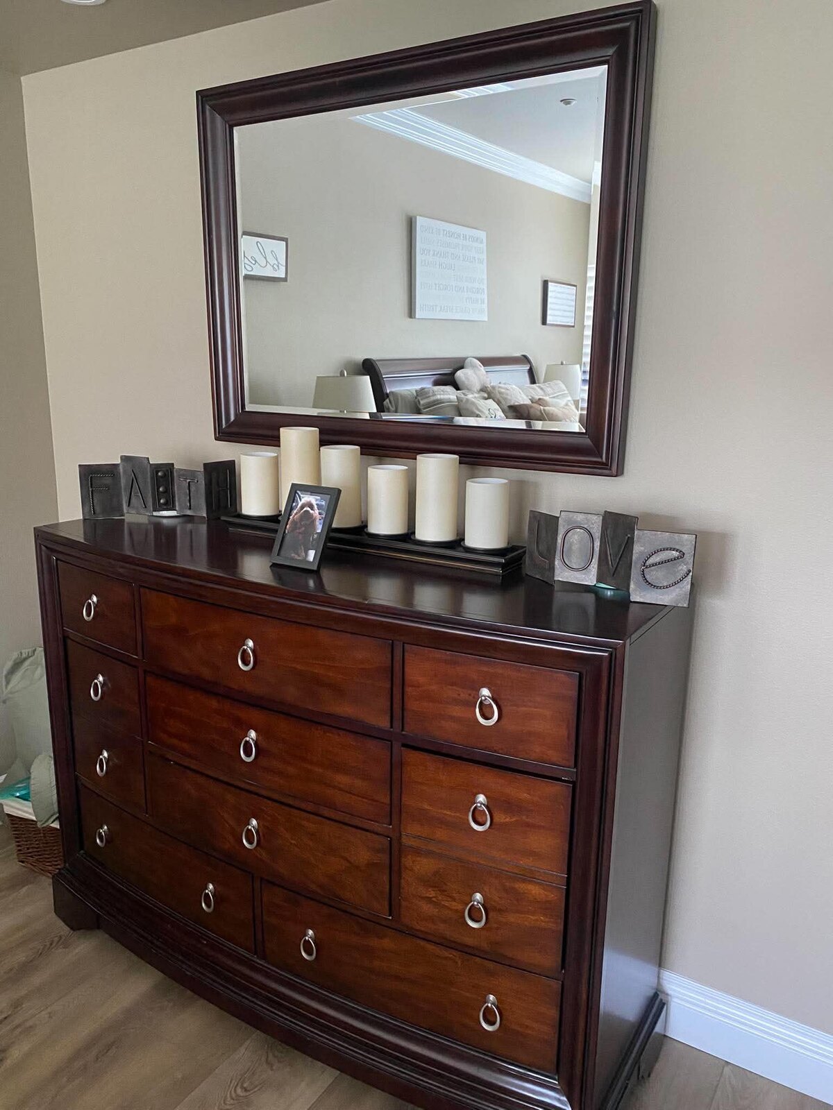 Client C's dark dresser and mirror before restoration