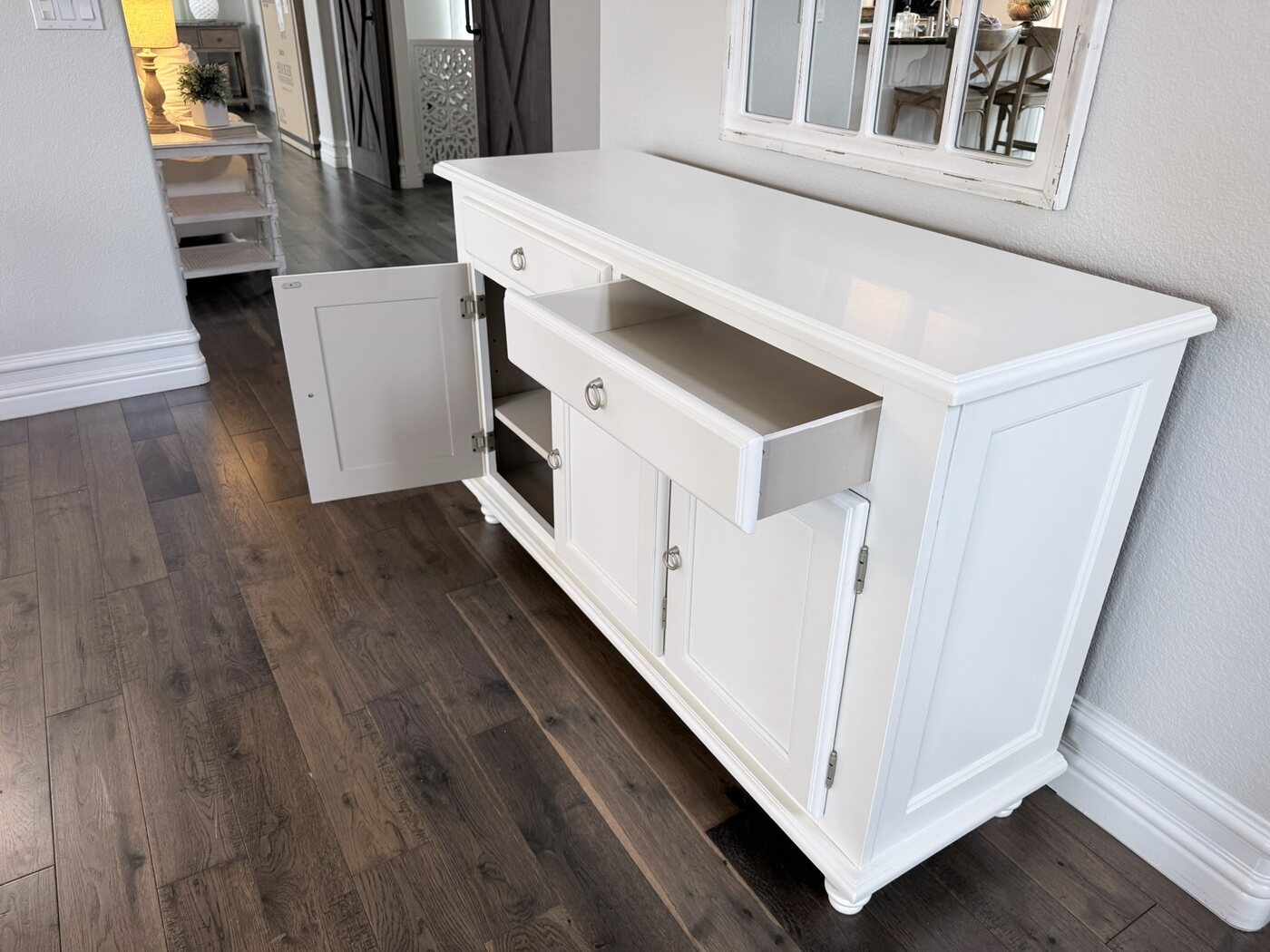 Open cabinet and drawer showing the finished interior