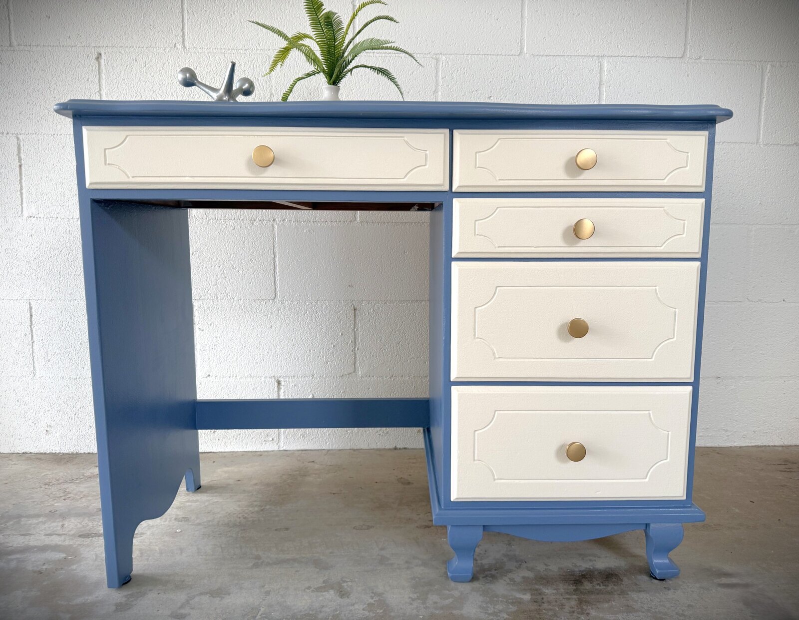 Coastal blue and warm white writing desk after restoration