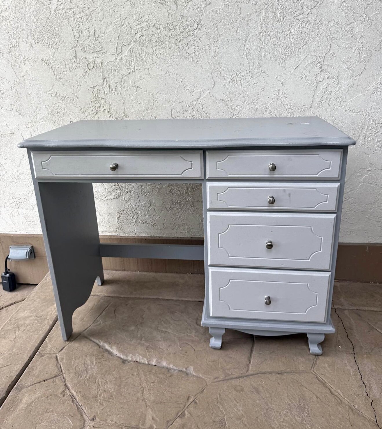Petite gray writing desk before restoration
