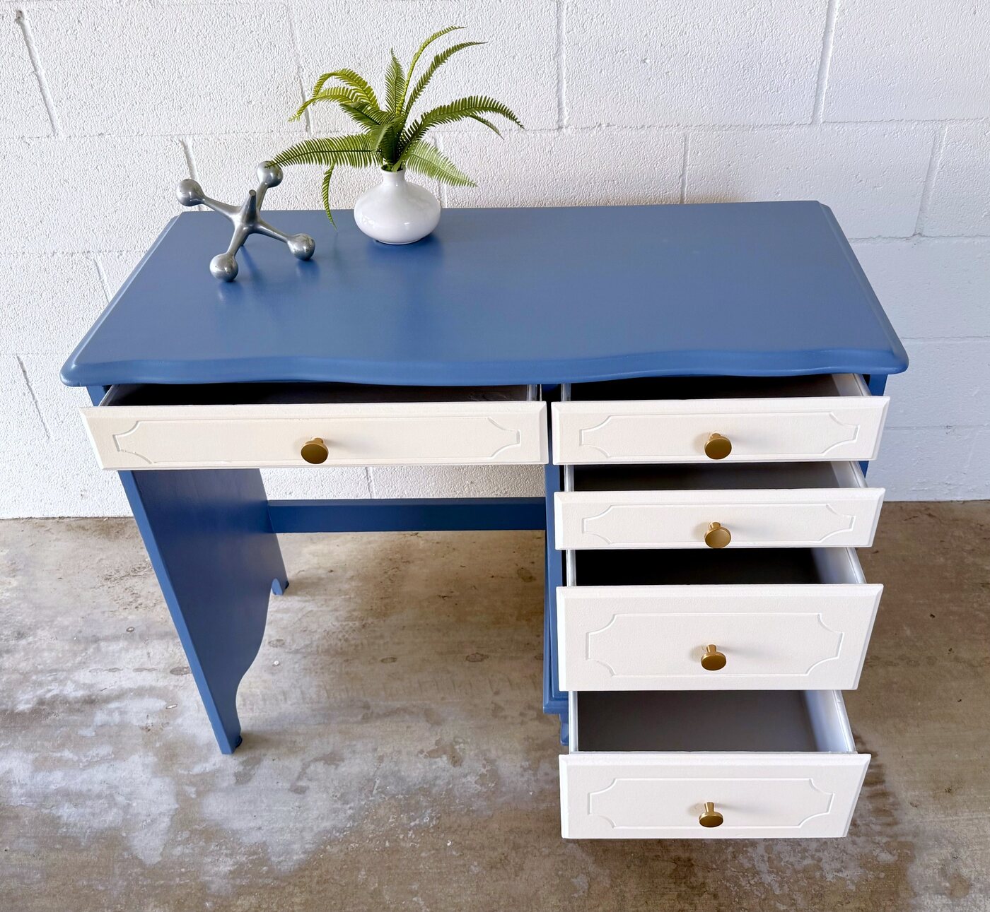 Coastal Blue Desk with restored drawers open