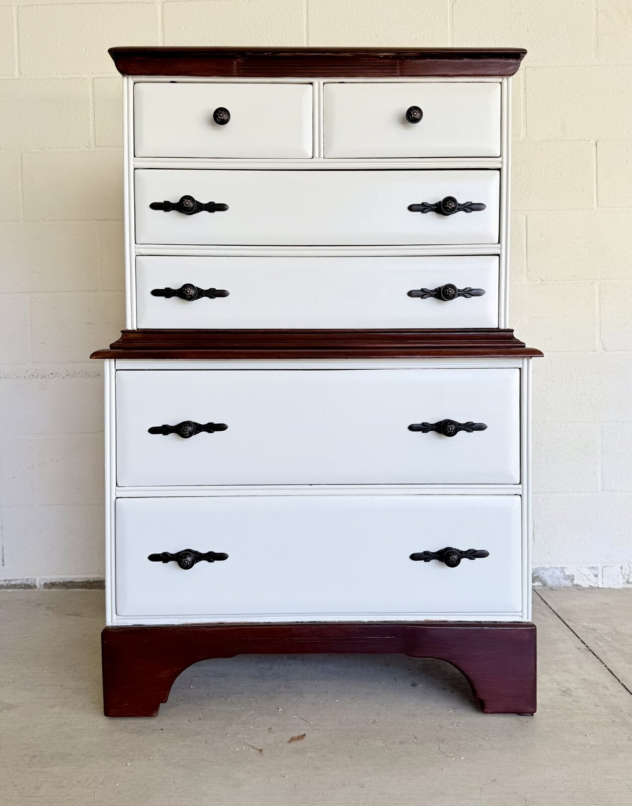 Mahogany on My Mind dresser restored in warm white and mahogany