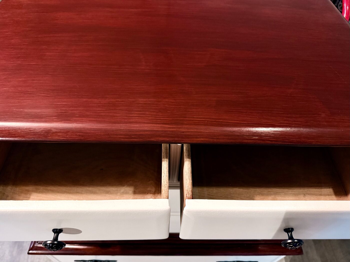 Close detail of the renewed mahogany finish