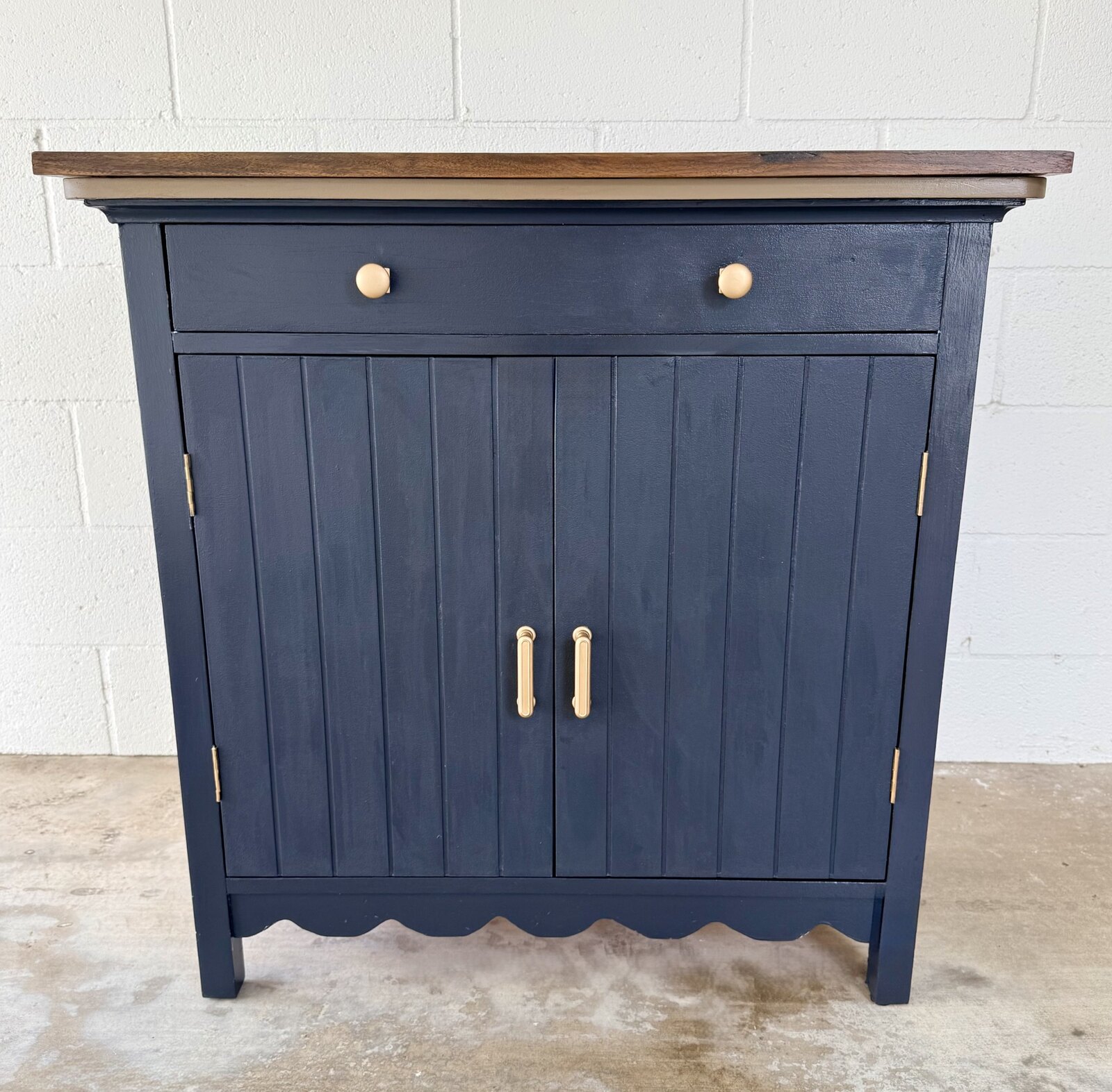 Midnight Walnut cabinet in blue-black with a walnut top