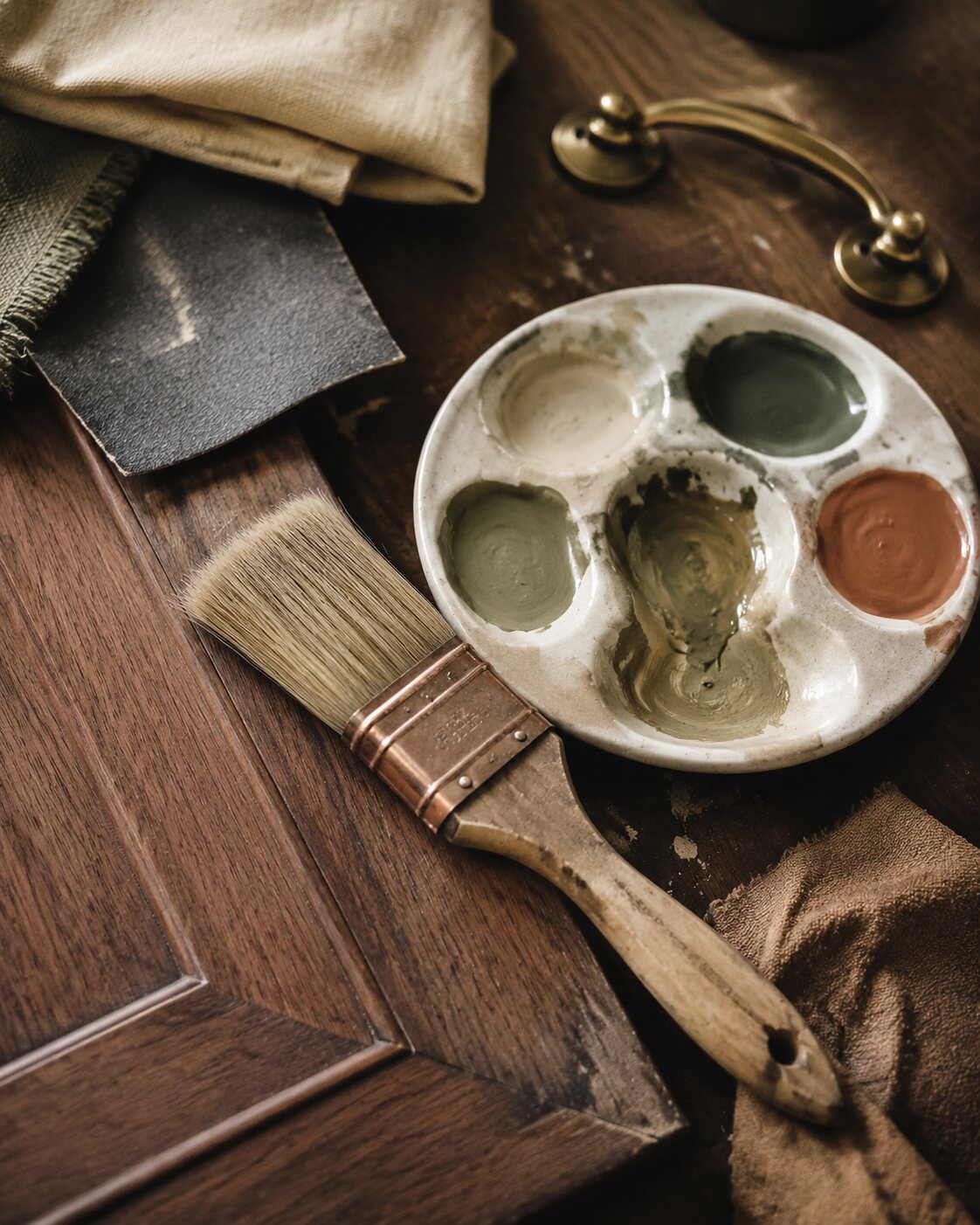 Furniture restoration tools, paint palette, hardware, and walnut wood on a workbench